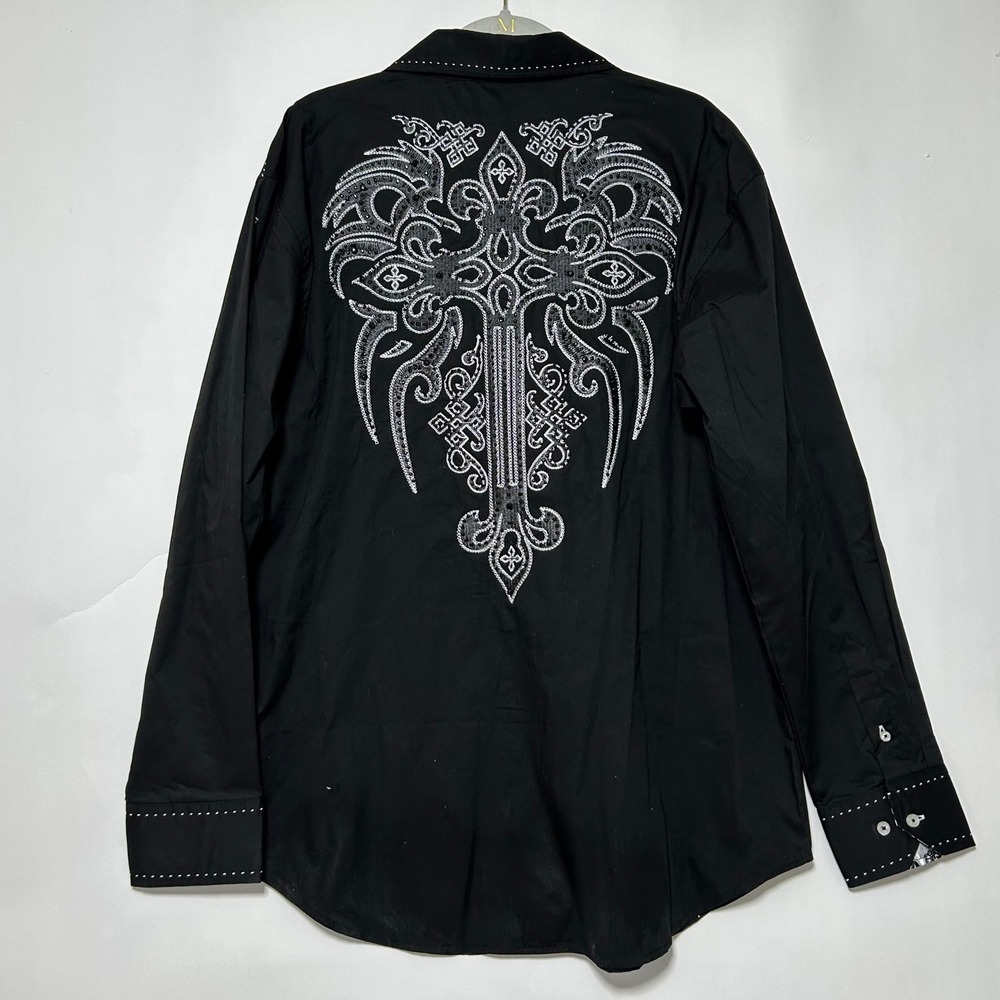 New Victorious Cross Embroidered Shirt Mens 2XL Black Gothic Western Y2K Rocker
